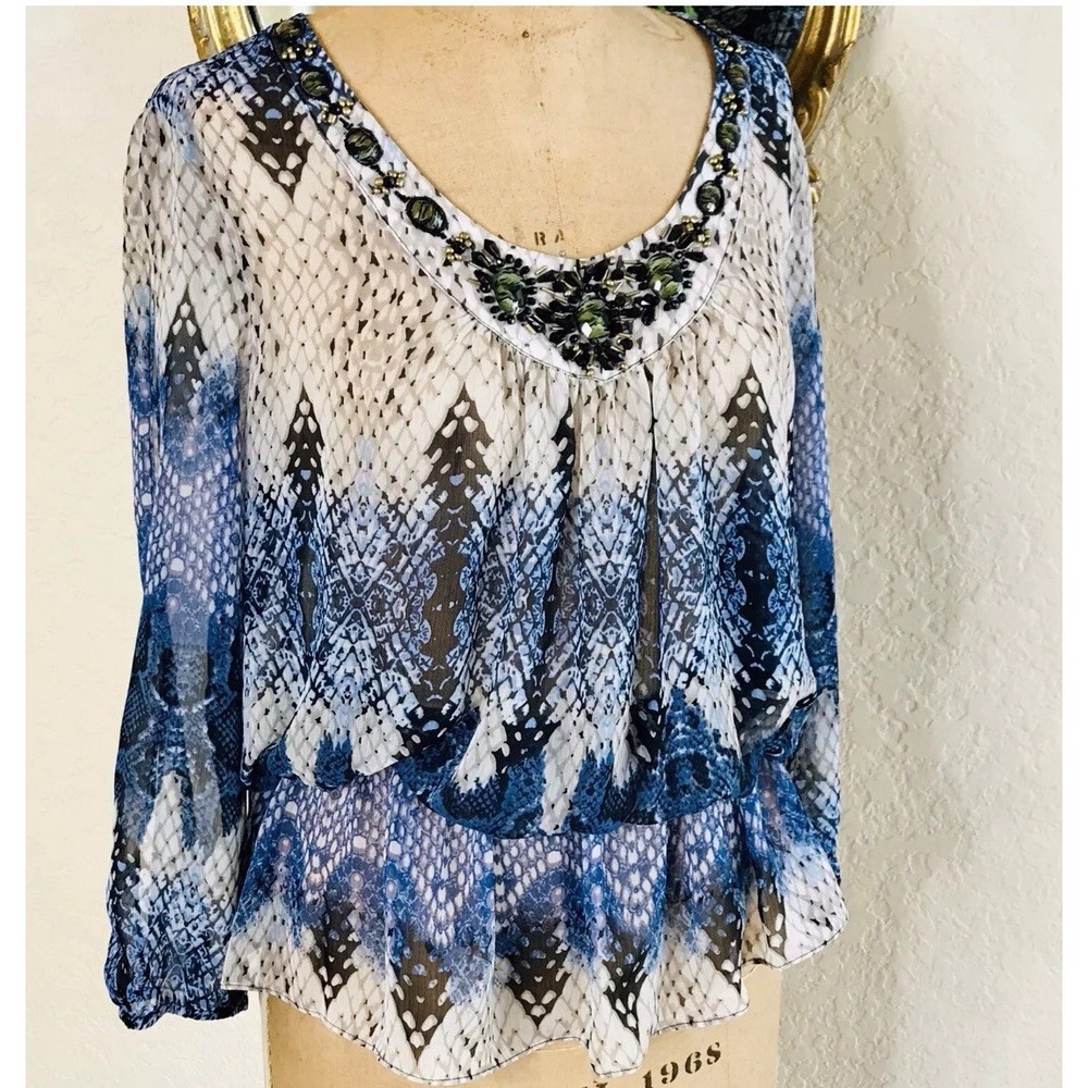 CACHE Sheer Blouse Jeweled Neckline Cinched Peplum‎ Elastic Waist Snake Print XS
